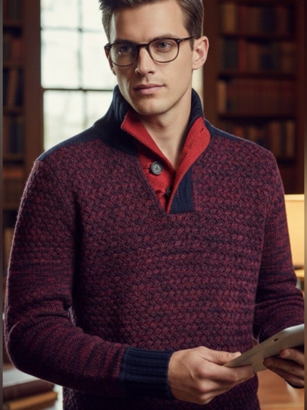 Men's Red, Navy Blue Sweater, Buttons,  Collar High quality Beautiful knit Small